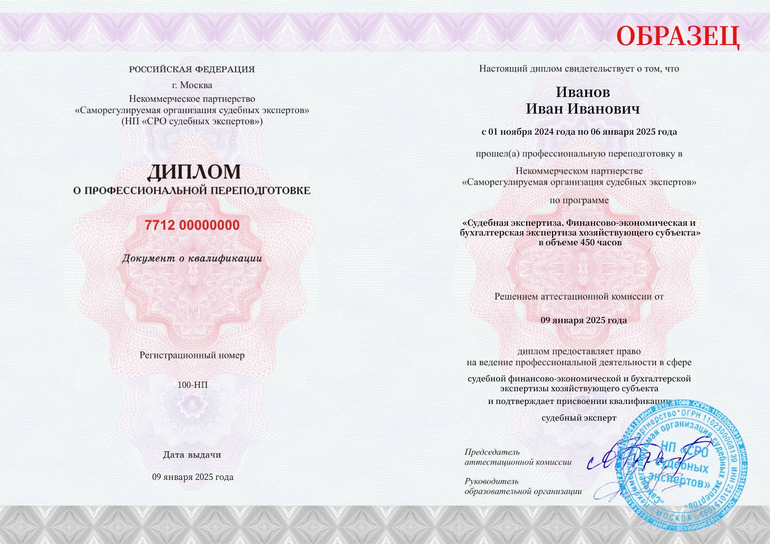 Диплом установленного образца о прохождении курса профессиональной переподготовки СРО судебных экспертов Финансово-экономическая и бухгалтерская экспертиза