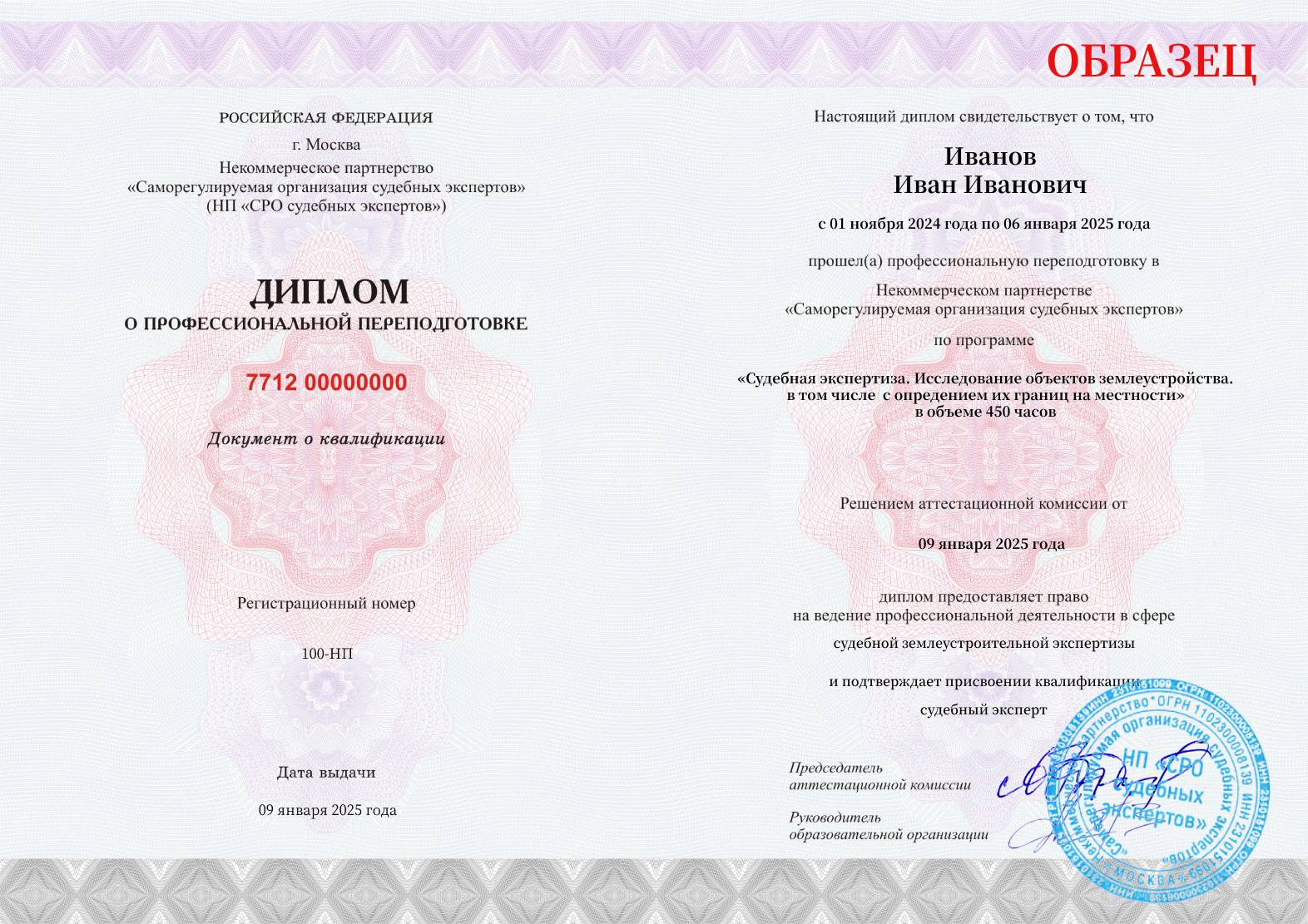 Диплом установленного образца о прохождении курса профессиональной переподготовки СРО судебных экспертов Исследование объектов землеустройства